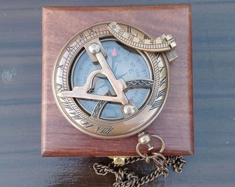 Engraved Brass Sundial Compass: Personalized Baptism Gift with Wooden Box