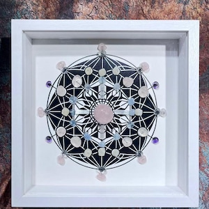 Gentle Guardian Crystal Grid Wall Art,Crystals and Healing Stones,Rose Quartz Framed Spiritual Crystal Art,House Blessing Gift,Office Decor