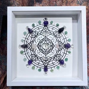 Calm Peace Crystal Grid Wall Art,Crystals and Healing Stones,Clear Quartz Framed Spiritual Crystal Art,House Blessing Gift,Office Decor