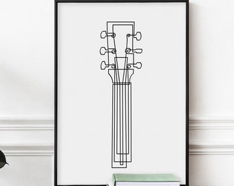 May include: A black and white line drawing of a guitar neck with tuning pegs, framed in a black frame and hanging on a white wall above a wooden dresser.