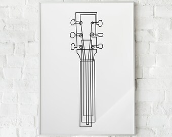 May include: A black and white line drawing of a guitar neck with tuning pegs.