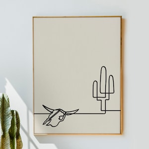Wüste Wandkunst, Tierschädel Print, Kaktus Poster, durchgehende Linie Kunst Single Line Zeichnung, Neutral moderne Kunst digitaler Download, Wand-Dekor