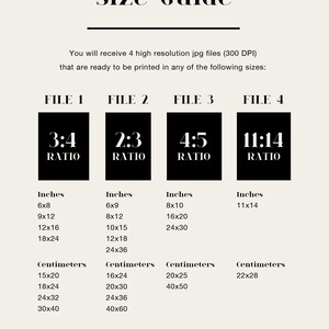 May include: A size guide for digital printable art prints. The guide shows four different aspect ratios: 3:4, 2:3, 4:5, and 11:14. Each ratio is shown with corresponding measurements in inches and centimeters.