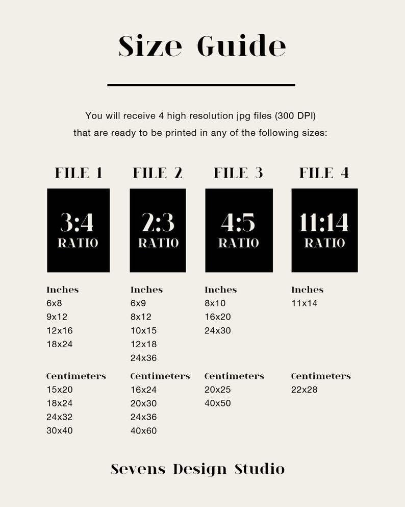 May include: A size guide for digital printable art prints. The guide shows four different aspect ratios: 3:4, 2:3, 4:5, and 11:14. Each ratio is shown with corresponding measurements in inches and centimeters.