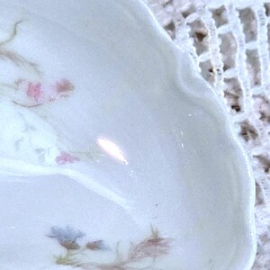 May include: A white porcelain dish with a scalloped edge. Delicate floral designs in pink, blue, and brown adorn the surface. The dish has a glossy finish and appears to be vintage or antique.
