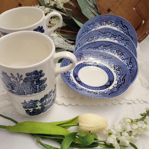 Churchill "Willow Blue"  Set of 4 Cups and Saucers