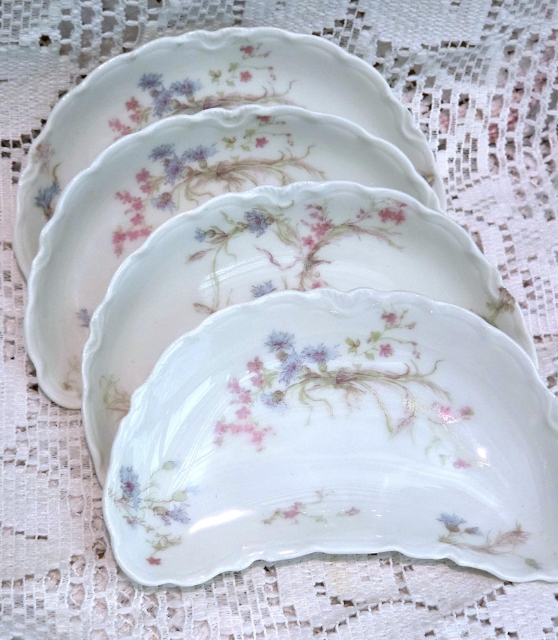 May include: Four white, scalloped-edge porcelain plates. Each plate features a delicate floral design in pink, blue, and green. The floral pattern is arranged in a graceful, flowing style across the plates' surfaces. The plates are arranged in a slightly overlapping manner.