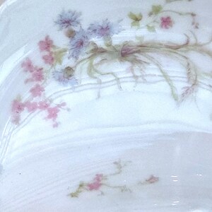 May include: A white porcelain plate with a scalloped edge, decorated with a delicate floral design. The flowers are painted in pink, blue, and green, tied with a ribbon. The plate has a subtle, textured surface.