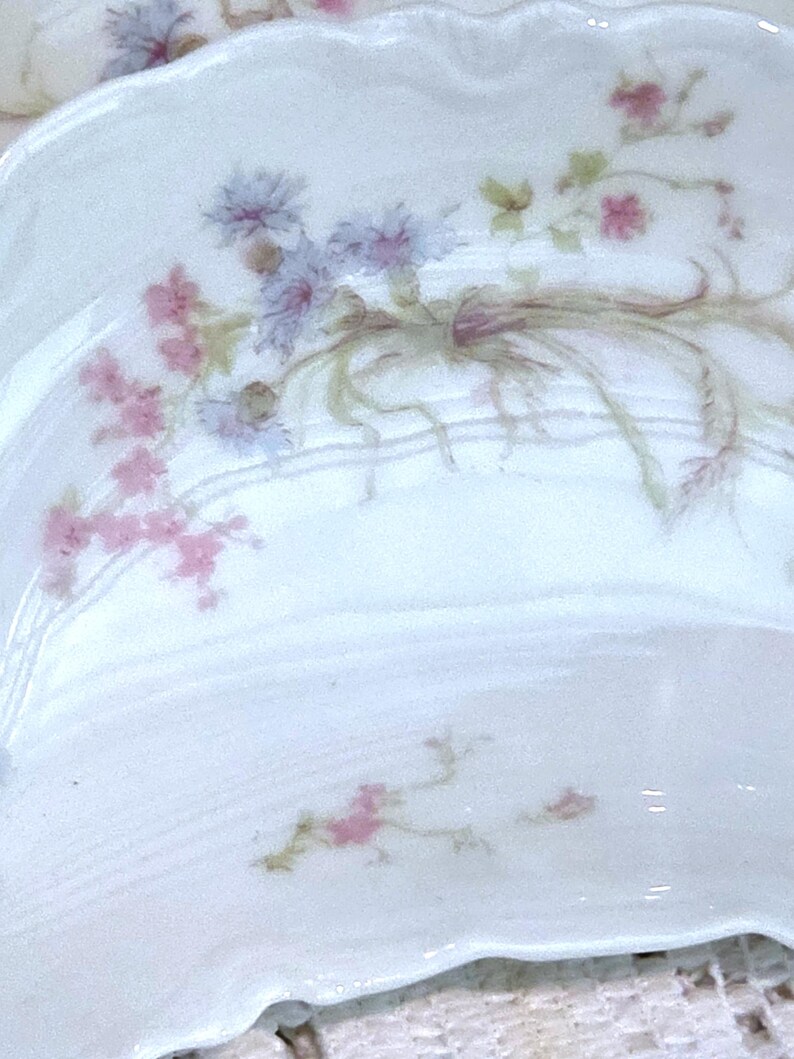 May include: A white porcelain plate with a scalloped edge, decorated with a delicate floral design. The flowers are painted in pink, blue, and green, tied with a ribbon. The plate has a subtle, textured surface.