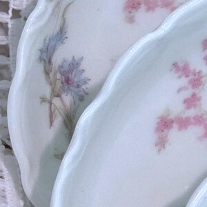 May include: Close-up of several white porcelain plates with scalloped edges. Each plate is decorated with delicate floral patterns in shades of pink and blue. The plates are stacked, showcasing the intricate designs.