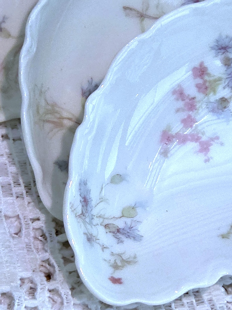 May include: Close-up of antique porcelain plates with scalloped edges. The plates feature delicate floral patterns in pink, purple, and green on a white background. The plates are likely vintage and add a touch of elegance.