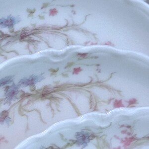 May include: Close-up of three white porcelain plates with scalloped edges. Each plate features a delicate floral design in pink, purple, and green hues. The floral pattern is arranged in a graceful, flowing style.