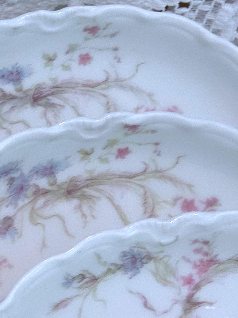 May include: Close-up of three white porcelain plates with scalloped edges. Each plate features a delicate floral design in pink, purple, and green hues. The floral pattern is arranged in a graceful, flowing style.
