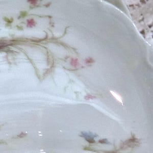 May include: Close-up of a white porcelain dish with a scalloped edge. The surface is decorated with delicate floral patterns in pink, green, and blue. The design features small flowers and leaves.