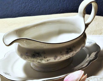 Johann Haviland "Blue Garland" Gravy Boat with Attached Plate