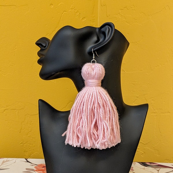 Pink Yarn Tassel Dangle Earrings/Wearable Fiber Art