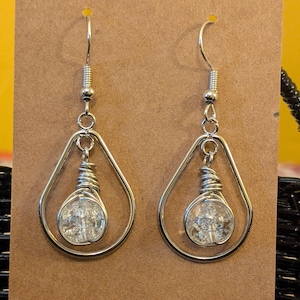 Teardrop Hoop Earrings, Dangle Wire Wrapped Earrings, Clear Glass Bead Earrings, Wire Wrapped Bead Jewelry, Silver-Plated Earrings