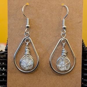 Teardrop Hoop Earrings, Dangle Wire Wrapped Earrings, Clear Glass Bead Earrings, Wire Wrapped Bead Jewelry, Silver-Plated Earrings