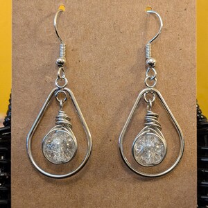 Teardrop Hoop Earrings, Dangle Wire Wrapped Earrings, Clear Glass Bead Earrings, Wire Wrapped Bead Jewelry, Silver-Plated Earrings