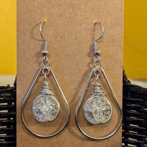 Teardrop Hoop Earrings, Dangle Wire Wrapped Earrings, Clear Glass Bead Earrings, Wire Wrapped Bead Jewelry, Silver-Plated Earrings