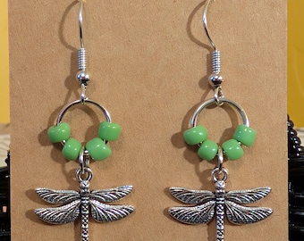 Green Dangle Dragonfly Charm Earrings
