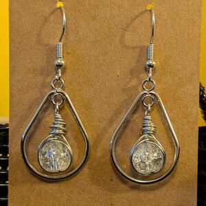 Teardrop Hoop Earrings, Dangle Wire Wrapped Earrings, Clear Glass Bead Earrings, Wire Wrapped Bead Jewelry, Silver-Plated Earrings