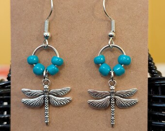 Turquoise Dangle Dragonfly Charm Earrings