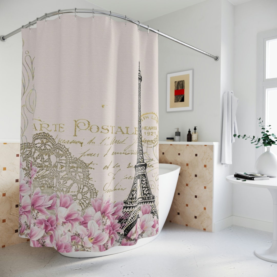 Vintage Paris Shower Curtain Eiffel Tower and Flower Print Etsy