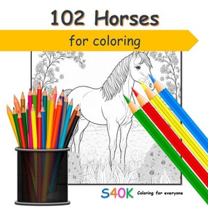 102 horses coloring book pages for kids and adults