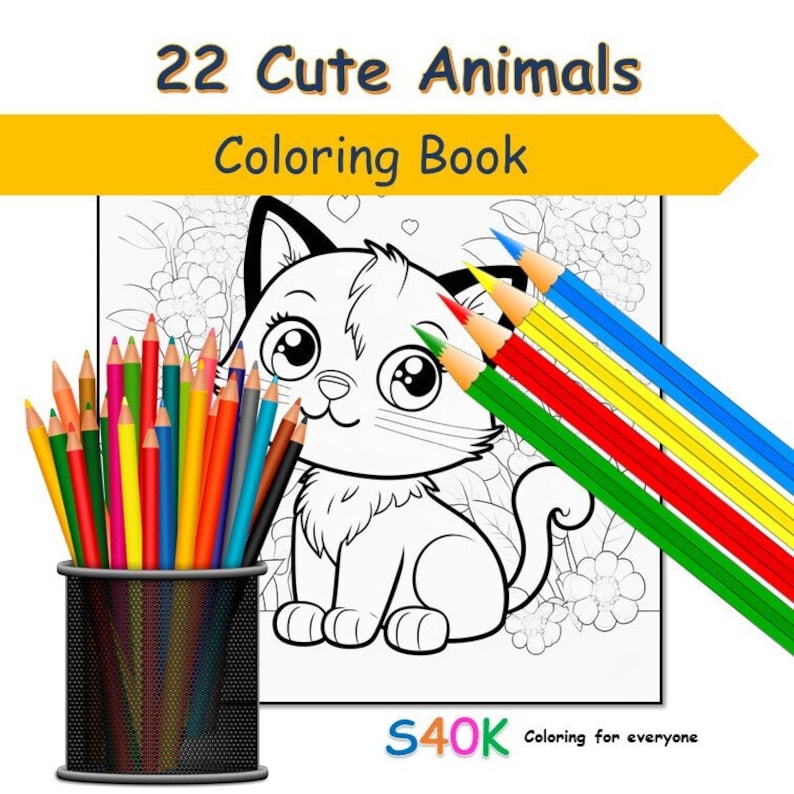 Op de afbeelding: Een zwart-witte kleurplaat met een schattige cartoonkat met grote ogen. De titel van het boek is "22 Schattige Dieren Kleurboek". Een set kleurpotloden zit in een zwarte potloodhouder.