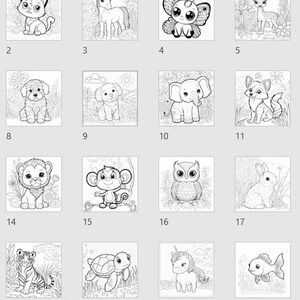 Op de afbeelding: Een set van 23 zwart-wit kleurplaten met verschillende dieren, waaronder een kat, een eenhoorn, een vlinder, een hert, een hond, een olifant, een vos, een leeuw, een aap, een uil, een konijn, een schildpad, een vis en een tijger. De pagina's zijn ontworpen om door kinderen en volwassenen in te kleuren.