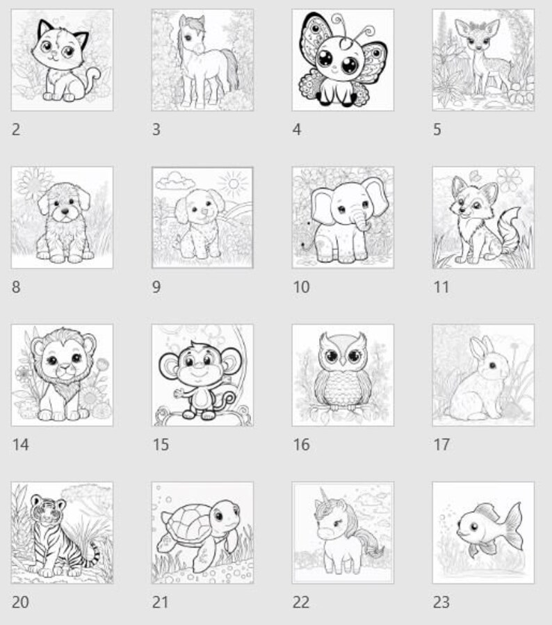 Op de afbeelding: Een set van 23 zwart-wit kleurplaten met verschillende dieren, waaronder een kat, een eenhoorn, een vlinder, een hert, een hond, een olifant, een vos, een leeuw, een aap, een uil, een konijn, een schildpad, een vis en een tijger. De pagina's zijn ontworpen om door kinderen en volwassenen in te kleuren.