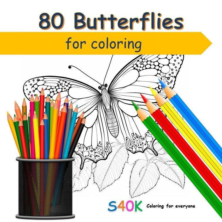 80 Butterfly Coloring Pages Printable Pdf Book for Kids and Adults - Etsy
