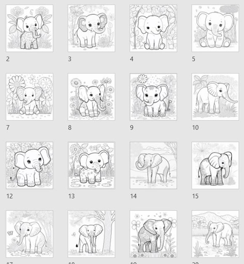 21 Elephant Coloring Pages: Printable Pdf Book for Kids and Adults - Etsy