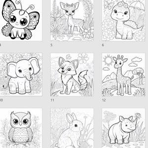 Op de afbeelding: Een kleurplaat met negen verschillende dieren, waaronder een vlinder, een hert, een draak, een olifant, een vos, een giraffe, een uil, een konijn en een neushoorn. Elk dier is getekend in een schattige cartoon-stijl met gedetailleerde contouren.