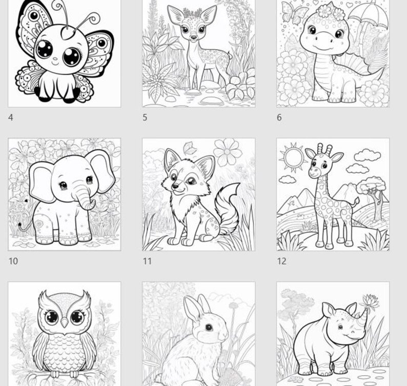 Op de afbeelding: Een kleurplaat met negen verschillende dieren, waaronder een vlinder, een hert, een draak, een olifant, een vos, een giraffe, een uil, een konijn en een neushoorn. Elk dier is getekend in een schattige cartoon-stijl met gedetailleerde contouren.