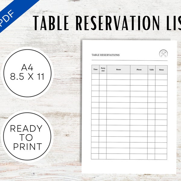 Table Reservation List Printable PDF | A4 & 8.5"x11" | Ready To Print Digital Download | Restaurant Seating Table Guest Reservations
