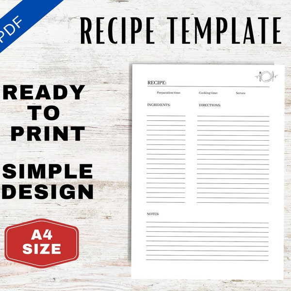 Blank Recipe Book Printable PDF | A4 | Family Cookbook Template | Clean Simple Cookbook Template