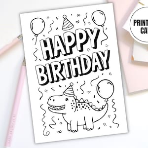 Dinosaur Happy Birthday Printable Coloring Card - Digital Download - Dinosaur Lover Card - Kids Activity Page - Kids Birthday Party Card