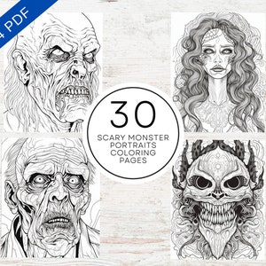 30 Scary Monster Portraits Coloring Pages | Printable PDF 30 Pages A4 | Creepy Spooky Halloween Portraits Coloring Book
