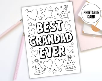 May include: A black and white printable card with the words "BEST GRANDAD EVER" in bold font, decorated with hearts, stars, and party hats. The words "PRINTABLE CARD" are in a circle. Two pink pencils are on the left.