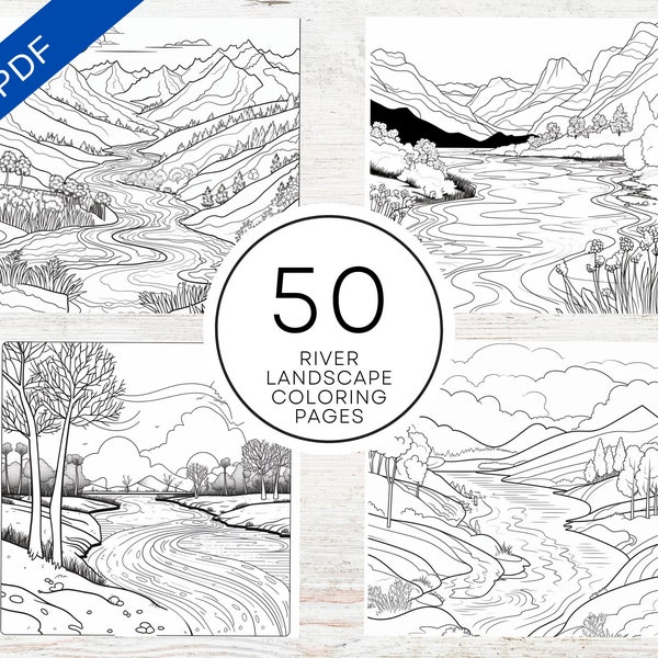 KDP Interior 50 River Landscape Coloring Pages | 8.5" x 11" Printable PDF | Kids, Teens & Adult Coloring Book For Stress Relief