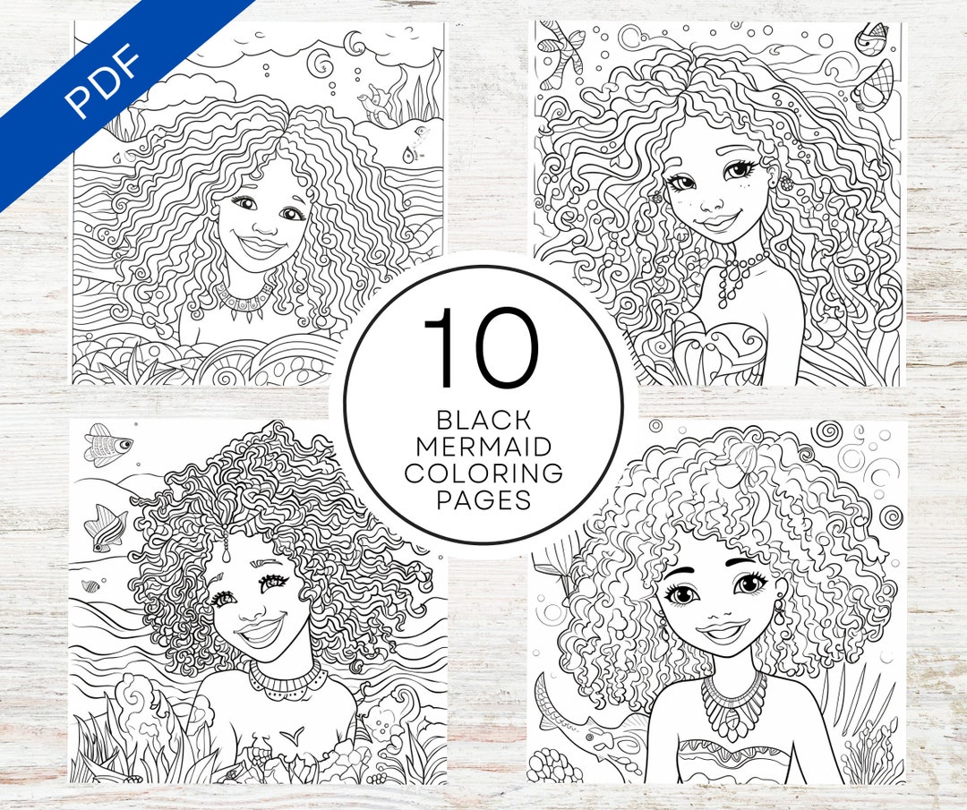 10 Black Mermaid Coloring Pages | Printable PDF A4 | Cute Kids Coloring ...