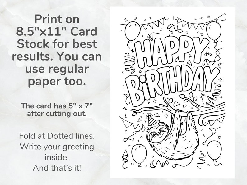 Happy Birthday Sloth Printable Coloring Card | Digital Download Kid's ...