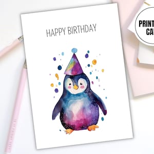 Cute Penguin Birthday Card, Watercolor Printable Greeting Card, Digital Download, Non-Personalized Happy Birthday Card Design