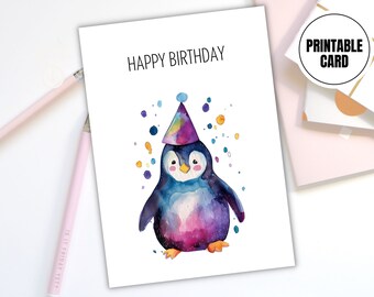 Schattige pinguïn verjaardagskaart, aquarel afdrukbare wenskaart, digitale download, niet-gepersonaliseerde Happy Birthday Card Design