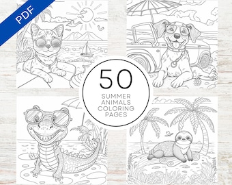 May include: A set of 50 black and white coloring pages featuring summer animals. The pages include a cat wearing sunglasses, a dog in a car, an alligator wearing sunglasses, and a sloth.