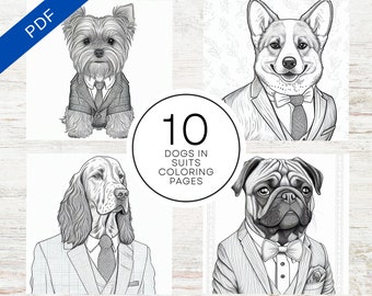 10 Dogs In Suits Coloring Pages | Printable Dog Coloring Sheets For Teens, Adults & Dog Lovers | Stress Relief And Relaxation