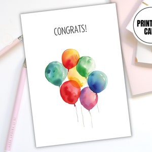 Cartão de felicitações para impressão - Design de balões em aquarela - Download digital Cartão DIY para novo emprego, promoção, aniversário