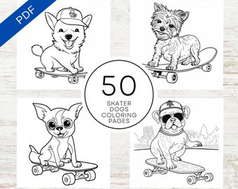 May include: A PDF digital download featuring 50 Skater Dogs coloring pages. The black and white illustrations depict various dog breeds skateboarding, each with unique accessories and expressions. The title is displayed in a circular design.